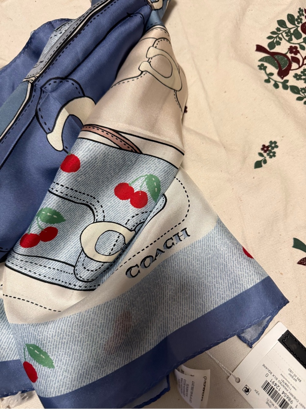 Coach Blue and Cream Silk Scarf with Cherry Motif - Picture 4 of 7